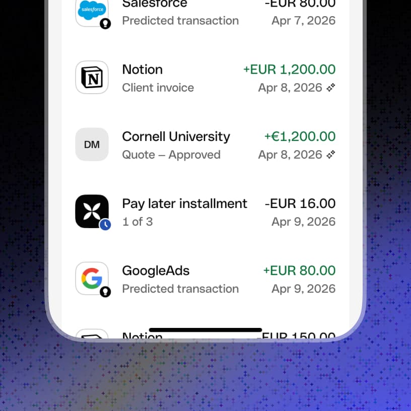 Rows naming the source each item came from — client invoice, approved quote, Pay Later instalment, predicted transaction