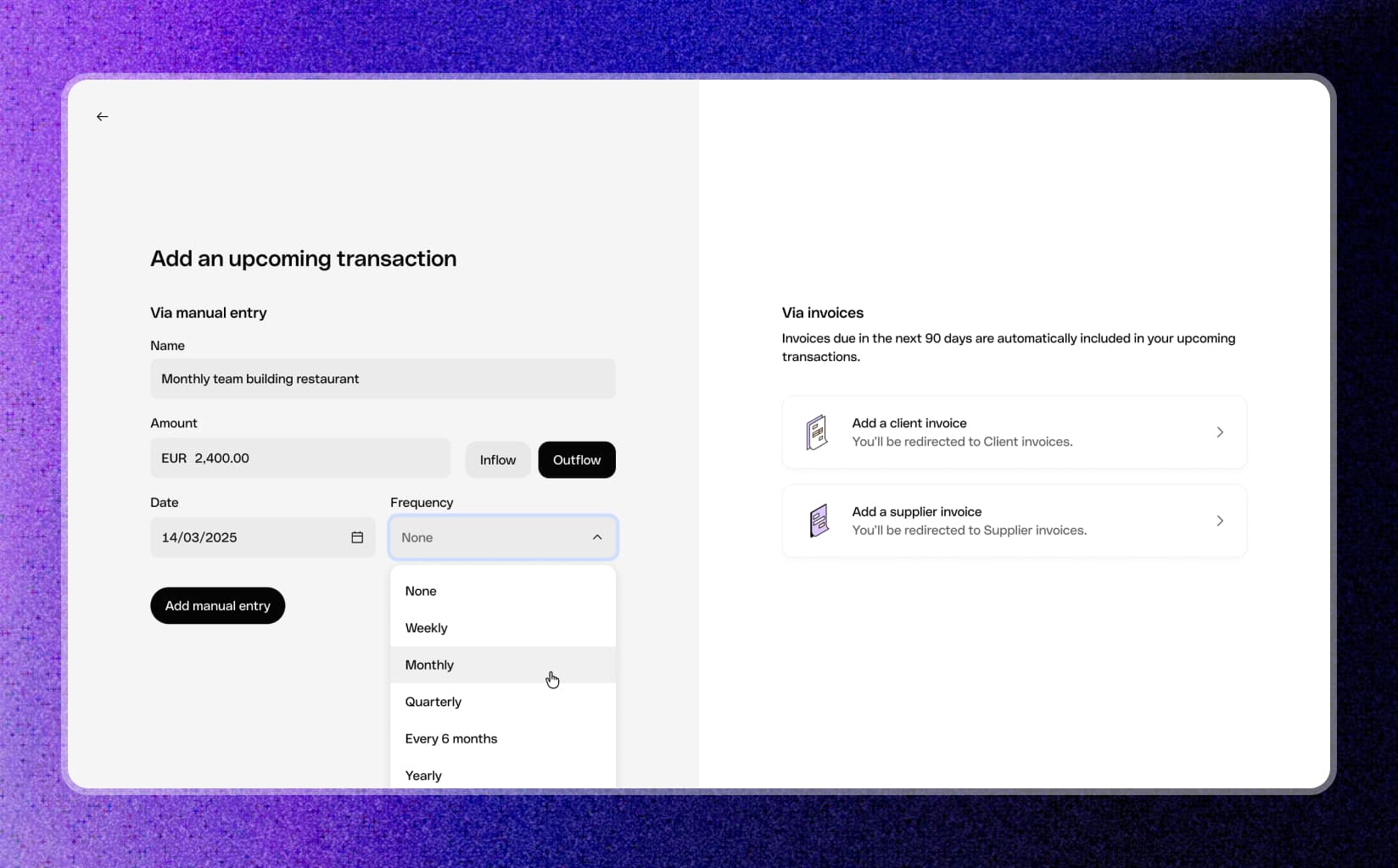 Adding a missing commitment by hand and setting its recurrence, beside the invoice sources that populate the view automatically