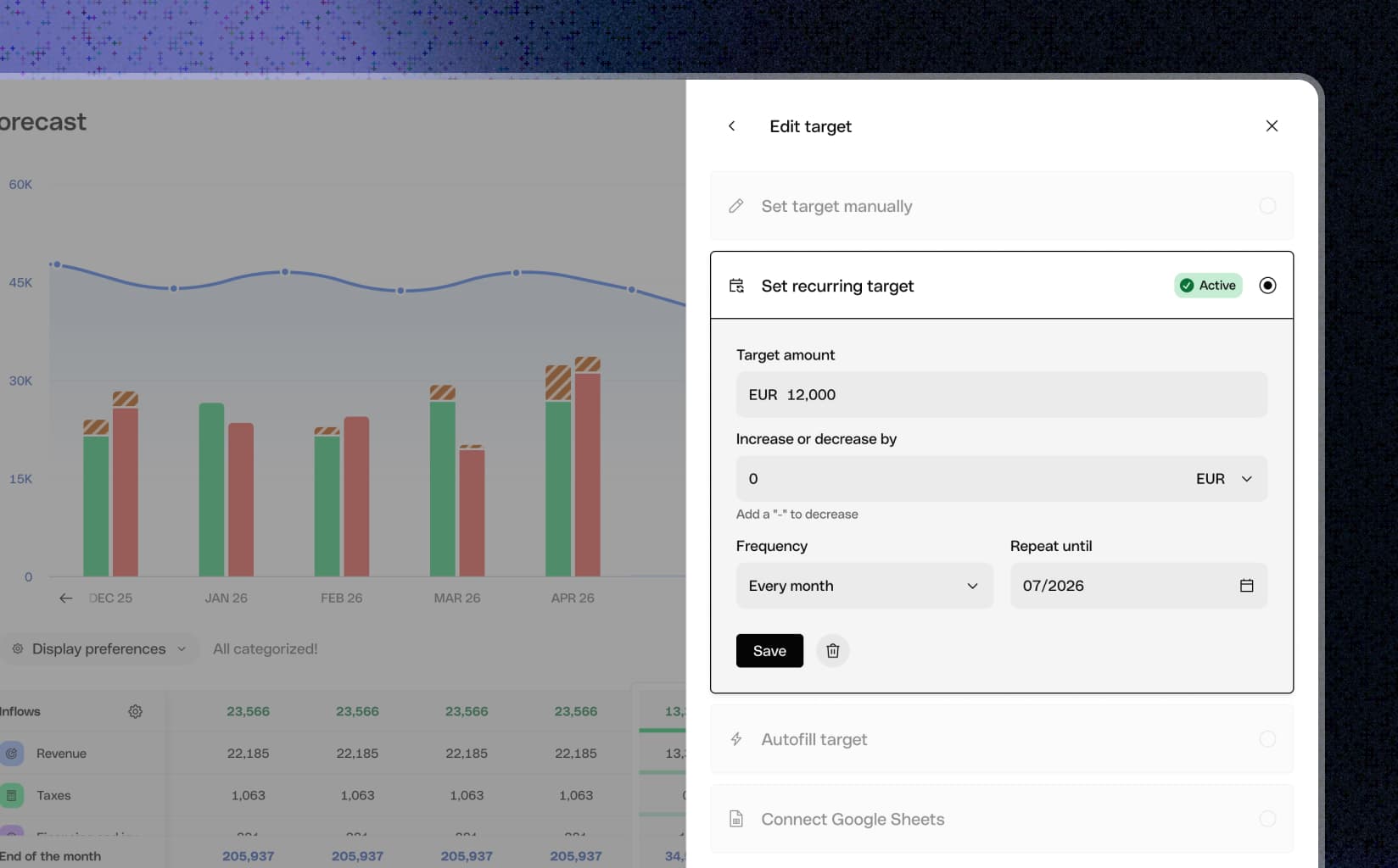 Monthly assumptions being edited in place